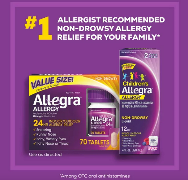 Allegra 24-Hour Indoor Outdoor 180 Mg. Allergy Relief - 70 Tablets