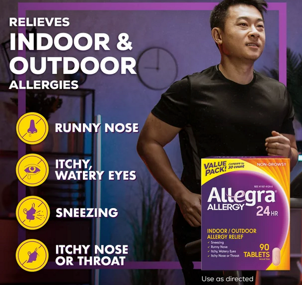 Allegra 24 HR Indoor/Outdoor Allergy Relief, 90 Tablets Exp 2024