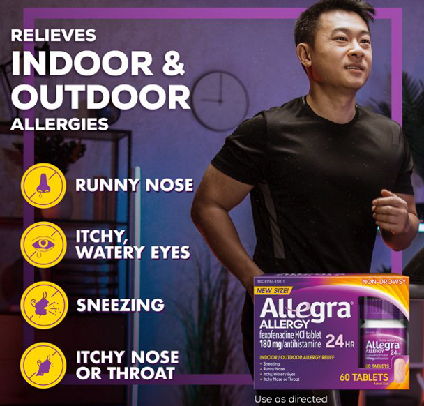 Allegra Adult 24HR Non-Drowsy Allergy Symptom Relief Tablets, 60 Ct