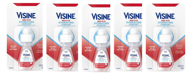 Visine Red Eye Hydrating Comfort Lubricating Eye Drops, 0.28 oz Pack 5 Exp 2024