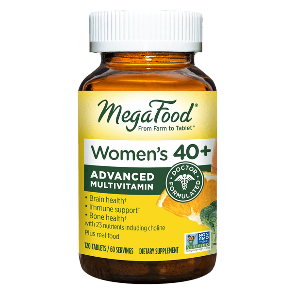 MegaFood Women's 40+ Multivitamin - Multivitamin for Women with Iron, Vitamin C, B12, B6, Choline, and more - Non-GMO, Gluten-Free, Vegetarian & Made without Dairy and Soy - 120 Tabs (60 servings)