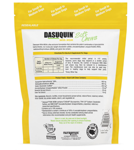 Nutramax Laboratories Dasuquin with MSM Joint Health Supplement for Small to Medium Dogs, 84 Soft Chews