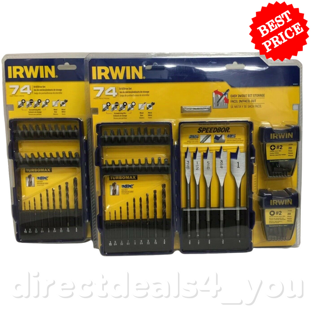 Irwin Drill & Drive Set 60 Tips 9 Twist Drills 5 Spade Tips Container Pack of 2