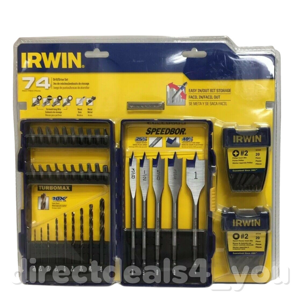 Irwin Drill & Drive Set 60 Tips 9 Twist Drills 5 Spade Tips Container Pack of 2