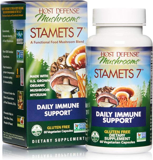Host Defense - Stamets 7 Multi Mushroom Capsules, Supports Overall Immunity by Promoting Respiration and Digestion with Lion's Mane, Reishi, and Cordyceps, Non-GMO, Vegan, Organic, 60 Count