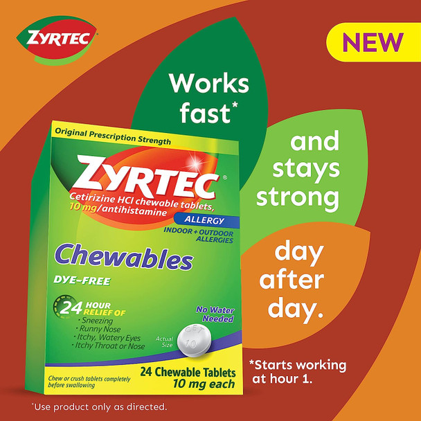 Zyrtec 24 Hour Allergy Relief Chewables, Cetirizine HCl, 24 Ct