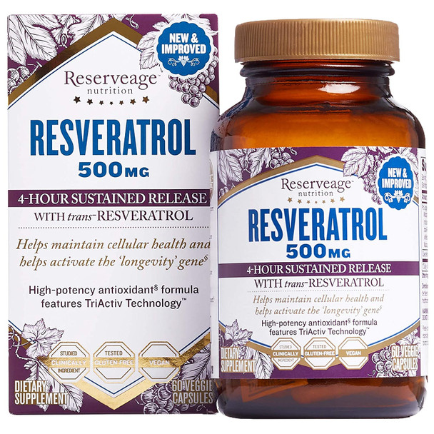 Reserveage, Resveratrol 500 mg, Antioxidant Supplement for Heart and Cellular Health, Supports Healthy Aging, Paleo, Keto, 60 Capsules
