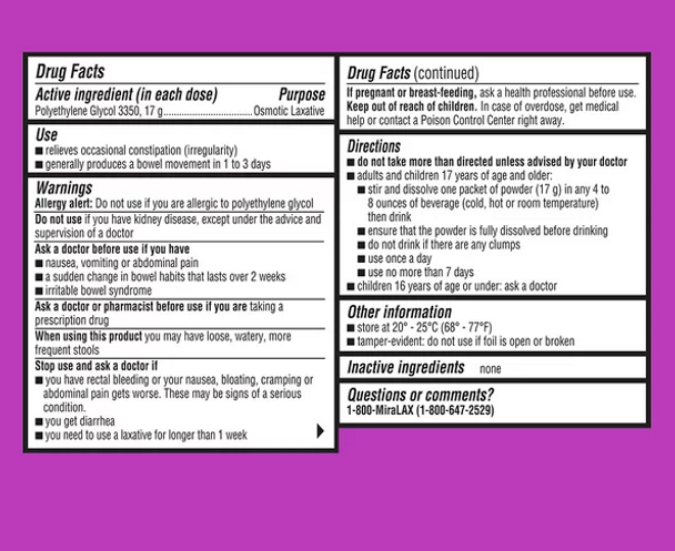 MiraLAX Mix-In Laxative Powder for Gentle Constipation Relief, 20 doses