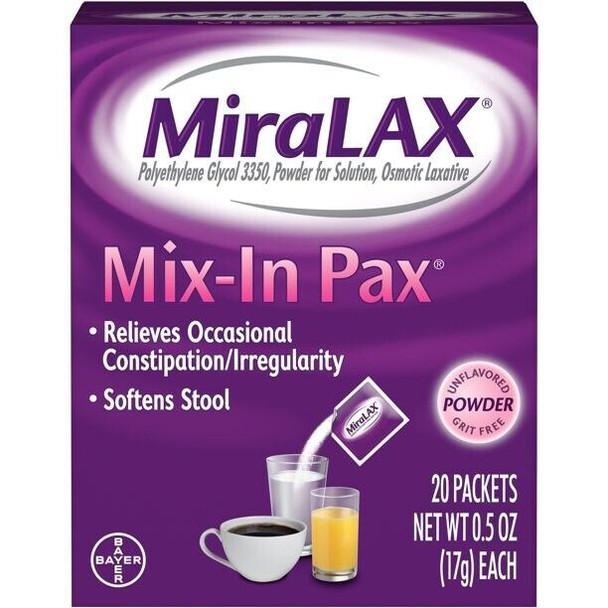 MiraLAX Mix-In Laxative Powder for Gentle Constipation Relief, 20 doses