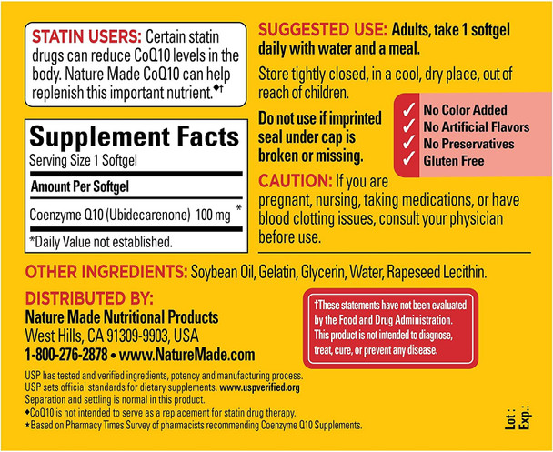 Nature Made CoQ10 100 mg Softgels, Dietary Supplement for Heart Health Support, 72 Count
