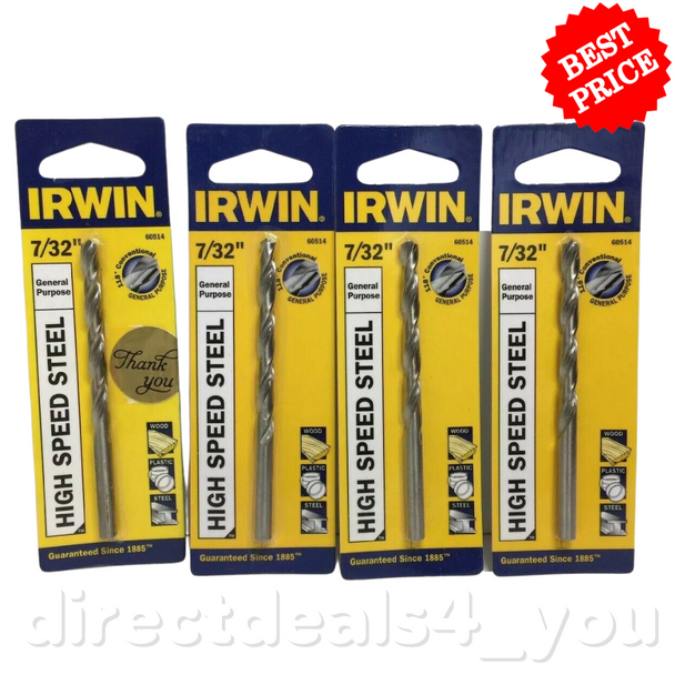 Irwin General Purpose Drill Bit Straight High Speed Steel 7/32 Inch Pack of 4