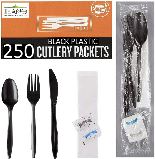 250 Plastic Cutlery Packets - Knife Fork Spoon Napkin Salt Pepper Sets