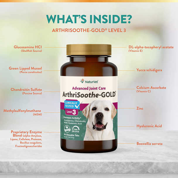 NaturVet ArthriSoothe Gold Level 3 Advanced Joint Care–Supports Connective Tissue, Cartilage & Joint Movement – Glucosamine, MSM, Chondroitin & Green Lipped Mussel – 90ct Tablets - Dogs & Cats