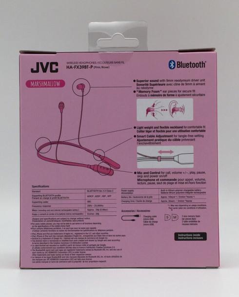 JVC HAFX39BTP Marshmallow Wireless Inner Ear Headphones PINK