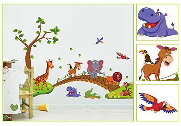 ROOHO Jungle Animals Tree Wall Stickers Lion Giraffe Elephant Walking on Bridge