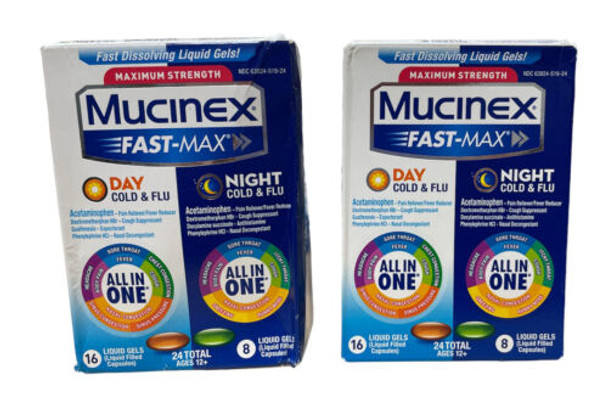 Mucinex Max Strength Fast-Max Day Cold & Night Cold Flu 24 Liquid Gels Pack of 2