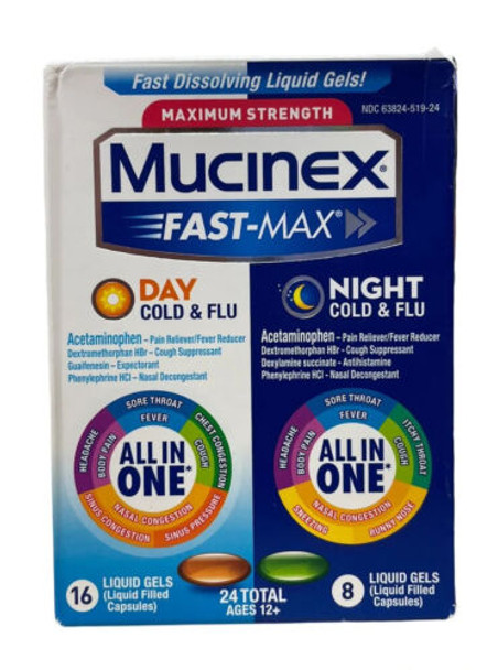 Mucinex Max Strength Fast-Max Day Cold & Night Cold Flu 24 Liquid Gels Pack of 2