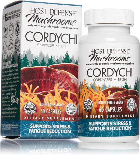 Host Defense, CordyChi Capsules, Helps Reduce Stress and Fatigue, Mushroom Supplement with Cordyceps and Reishi, Vegan, Organic, 60 Capsules (30 Servings)