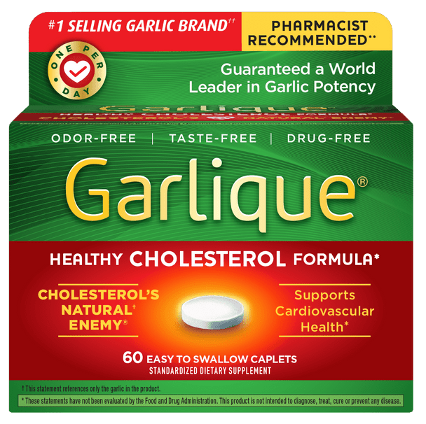 Garlique Healthy Cholesterol Supplement, Odor Free Garlic, 5000 mcg Allicin, White Caplets 60 Ct