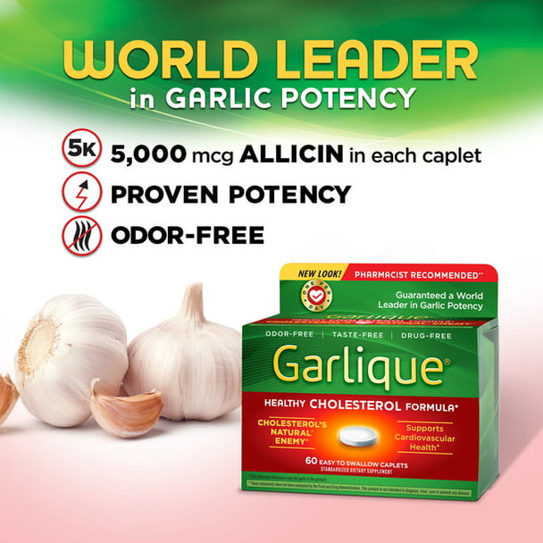 Garlique Healthy Cholesterol Supplement, Odor Free Garlic, 5000 mcg Allicin, White Caplets 60 Ct