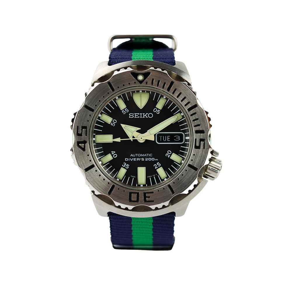 SEIKO SCUBA DIVER'S AUTOMATIC BLACK MONSTER BLUE & GREEN NYLON WATCH  7S26-0350 - BRC Watches