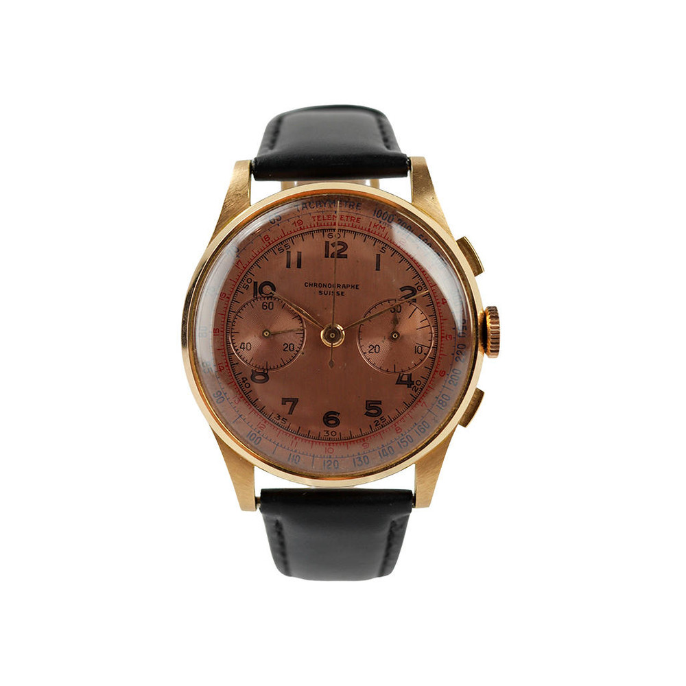 SUISSE MANUAL WINDING 18K GOLD CHRONOGRAPH SALMON DIAL LEATHER