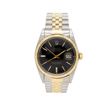 ROLEX DATEJUST MODEL 16013 BLACK DIAL FLUTED BEZEL GOLD and STEEL 36MM WATCH 1985