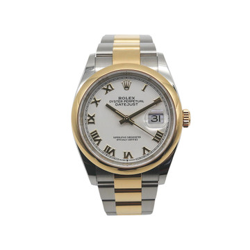 ROLEX DATEJUST MODEL 126203 SMOOTH ROMAN WHITE DIAL GOLD and STEEL 36MM WATCH, BandP