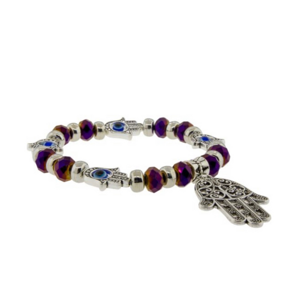 Purple Glass  Bead Bracelet w/ Evil Eye Fatima Hand
