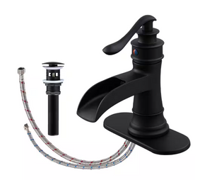 BWE 1-Hole 1-Handle Bathroom with Pop-Up Drain Faucet w/Deckplate in Matte Black