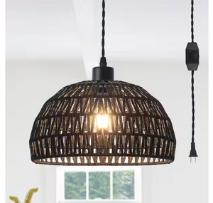LWYTJO Derica 1-Light Black Plug-In Boho Rattan Dome Pendant Light w/14.7ft Cord
