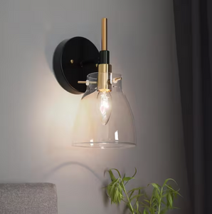Zevni A04671 1-Light Black and Modern Brass Wall Sconce with Clear Glass Shade