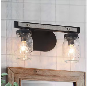 Farmhouse 13 in 2-Light Dark Gray Vanity Light with Clear Glass Mason Jar Shades
