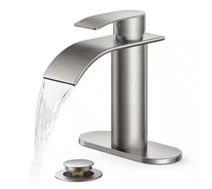 Forious Waterfall Bathroom Sink Faucet w/Deckplate & Drain in Brushed Nickel