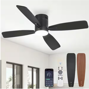 52" Integrated LED Indoor 6-Speed Black Flush Mount Ceiling Fan, Light & Remote
