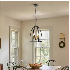 4-Light Black Rustic Lantern Pendant Chandelier w/Chain Open Frame Hanging Light