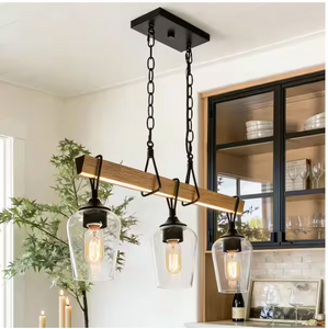 Uolfin Farmhouse Faux Wood & Black Linear Chandelier 3-Light Vintage Chandelier