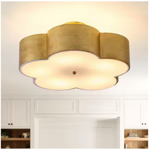 19 in. 5-Light Large Flower Vintage Gold Metal Semi-Flush Mount Light with Shade