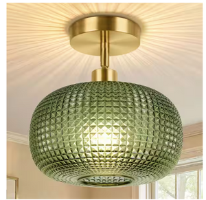 Rottogoon Adjustable Gold Semi Flush Mount Ceiling Light with Green Glass Shade
