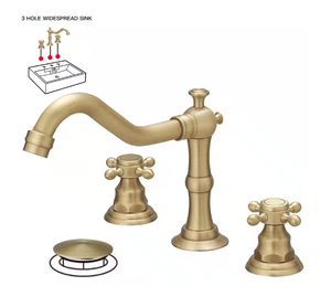 BWE Widespread 2-Handle 3-Holes Bathroom Sink Faucet with Drain in Antique Brass