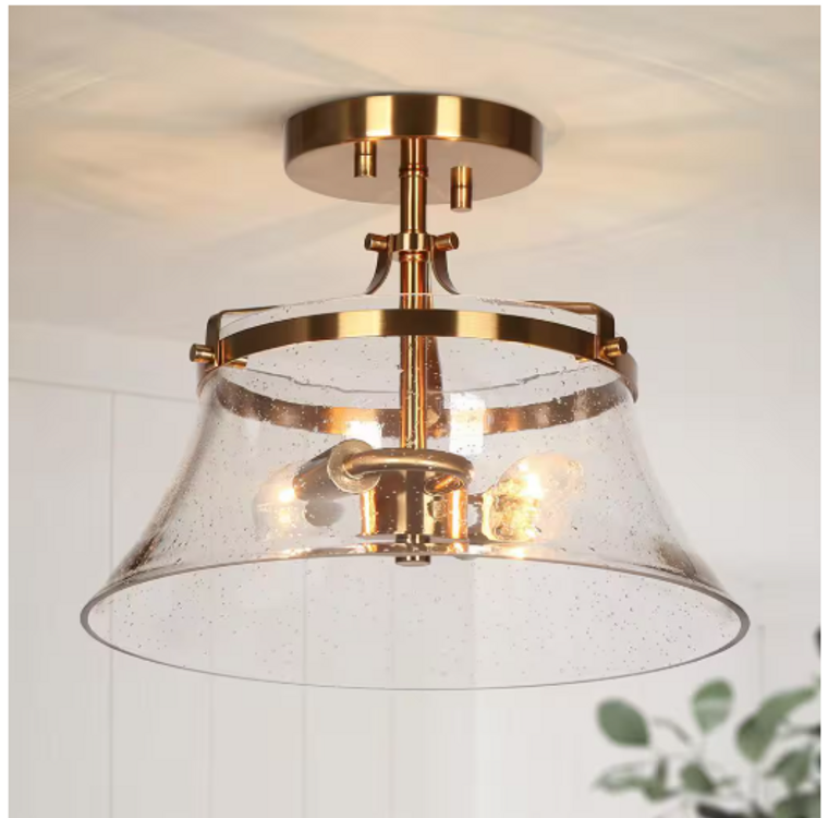 LNC Modern 11.8 in 2-Light Plated Brass Semi-Flush Mount Light with Seeded Shade