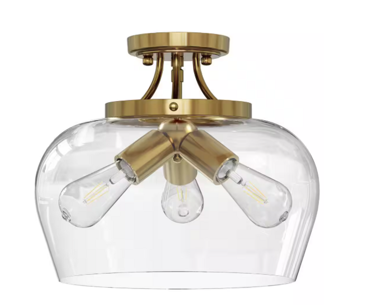Merra 11 in. 3-Light Antique Brass Semi-Flush Mount Ceiling Light w/Glass Shade