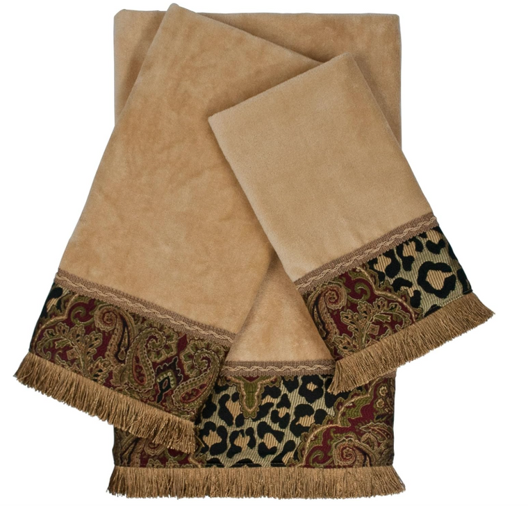 Sherry Kline 3 Piece Embellished Towel Set Velour Cotton Nugget Color