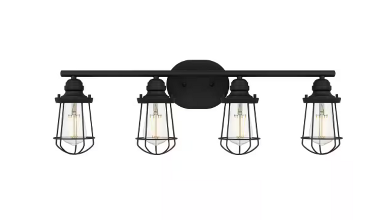 Hampton Bay Southbourne 28" 4-Light Matte Black Vanity Light w/Steel Cage Frame