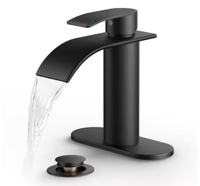 androme Waterfall 1-Handle Bathroom Faucet w/Deck Plate & Drain in Matte Black