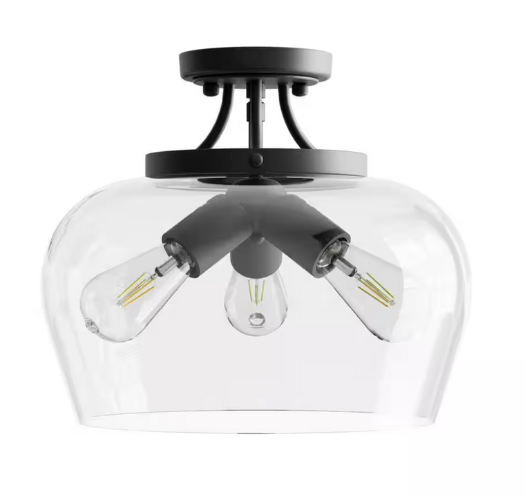 Merra 14 in. 3-Light Matte Black Semi-Flush Mount with Clear Glass Shade