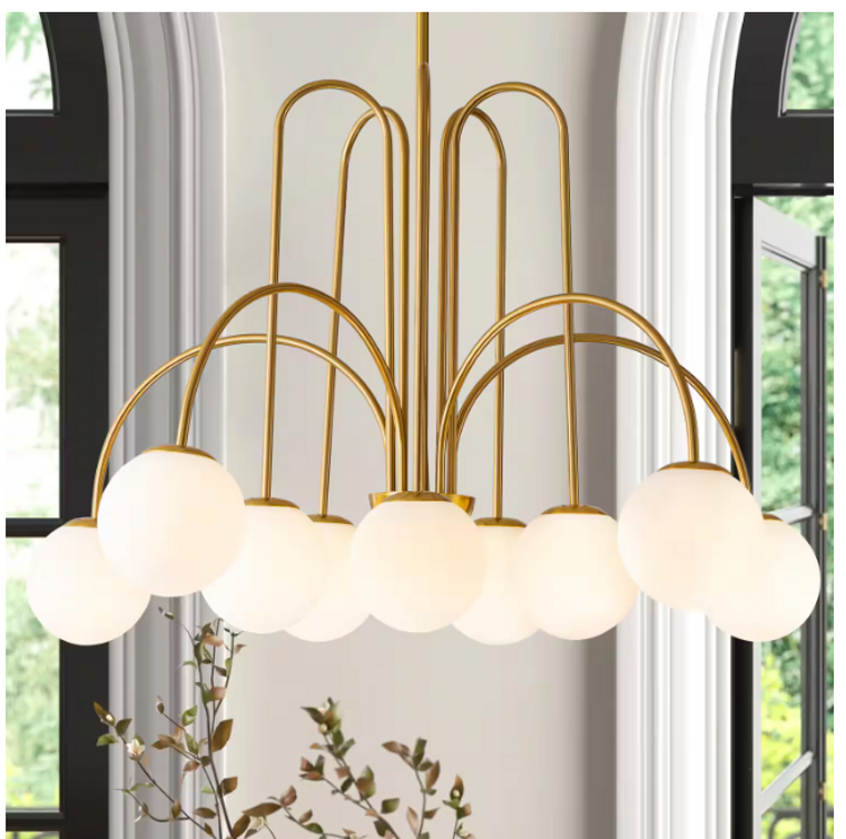 Erik 10-Light Gold Unique Modern Elbow Chandelier with Milky White Glass Shades
