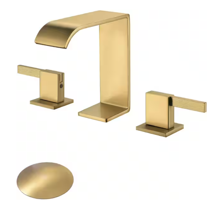 2 Handle 8" Widespread 3-Hole Waterfall Bathroom Faucet w/Drain in Brushed Gold