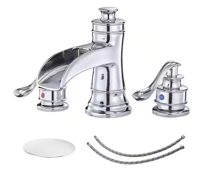 BWE 8" Waterfall Widespread 2-Handle Bathroom Faucet w/Drain in Polished Chrome