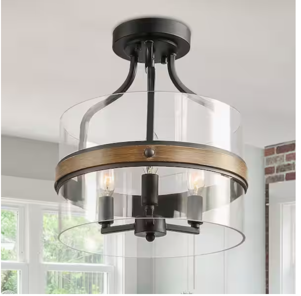 Modern Farmhouse 12" Dark Gray Drum 3-Light Semi-Flush Mount w/Faux Wood Accent